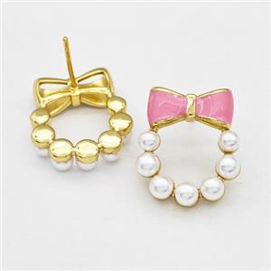 Copper Bow Stud Earrings Pave Pearlized Resin Pink Painted Gold Plated, approx 17-20mm [FN42974]