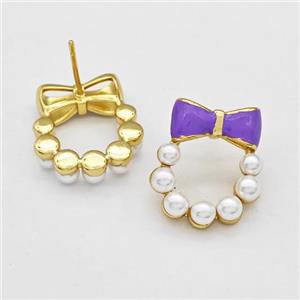 Copper Bow Stud Earrings Pave Pearlized Resin Purple Painted Gold Plated, approx 17-20mm [FN42975]