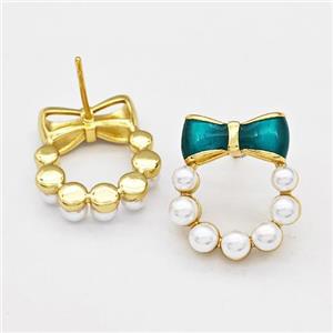 Copper Bow Stud Earrings Pave Pearlized Resin Green Painted Gold Plated, approx 17-20mm [FN42976]