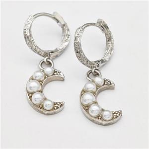 Copper Hoop Earrings Moon Pave Pearlized Resin Platinum Plated, approx 11-15mm, 15mm dia [FN42977]