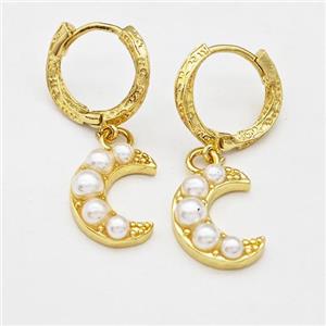 Copper Hoop Earrings Moon Pave Pearlized Resin Gold Plated, approx 11-15mm, 15mm dia [FN42978]
