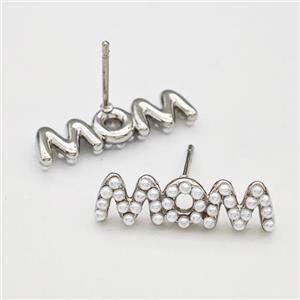Copper Stud Earrings Pave Pearlized Resin MOM Platinum Plated, approx 6-23mm [FN42987]