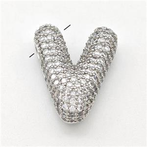 Copper Letter-V Pendant Micro Pave Zirconia Platinum Plated, approx 15-22mm [FN43019]