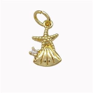 Starfish And Shell Charms Copper Pendant Pave Zirconia Gold Plated, approx 8-10mm [FN43070]