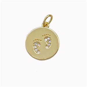 Copper Coin Pendant Pave Zirconia Footprints Gold Plated, approx 12.5mm [FN43116]