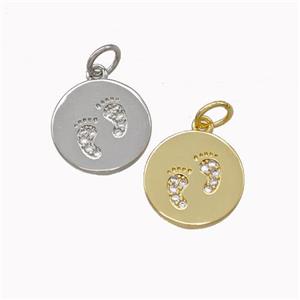 Copper Coin Pendant Pave Zirconia Footprints Mixed, approx 12.5mm [FN43117]