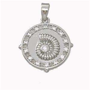Conch Shell Charms Copper Nautilus Pendant Micro Pave Zirconia Platinum Plated, approx 15.5mm [FN43121]