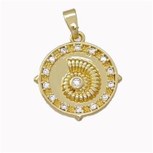 Conch Shell Charms Copper Nautilus Pendant Micro Pave Zirconia Gold Plated, approx 15.5mm [FN43122]