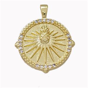 Pineapple Charms Copper Coin Pendant Pave Zirconia Gold Plated, approx 17mm [FN43124]