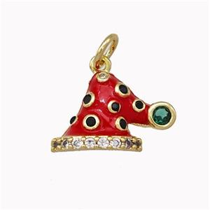 Red Christmas Hat Charms Copper Pendant Micro Pave Zirconia Enamel Gold Plated, approx 10-16mm [FN43234]