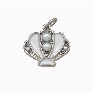 Scallop shell Charms Copper Pendant Pave Pearlized Resin White Enamel Platinum Plated, approx 12-15mm [FN43264]