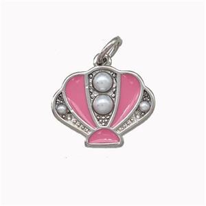 Scallop shell Charms Copper Pendant Pave Pearlized Resin Pink Enamel Platinum Plated, approx 12-15mm [FN43265]