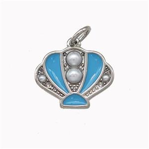 Scallop shell Charms Copper Pendant Pave Pearlized Resin Blue Enamel Platinum Plated, approx 12-15mm [FN43266]