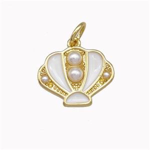 Scallop shell Charms Copper Pendant Pave Pearlized Resin White Enamel Gold Plated, approx 12-15mm [FN43268]