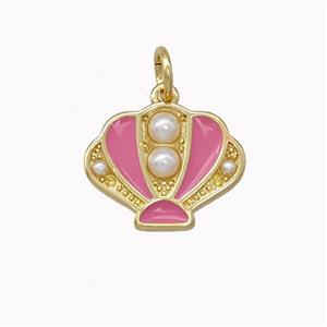Scallop shell Charms Copper Pendant Pave Pearlized Resin Pink Enamel Gold Plated, approx 12-15mm [FN43269]