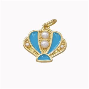Scallop shell Charms Copper Pendant Pave Pearlized Resin Blue Enamel Gold Plated, approx 12-15mm [FN43270]