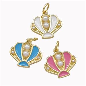 Scallop shell Charms Copper Pendant Pave Pearlized Resin Enamel Gold Plated Mixed, approx 12-15mm [FN43271]