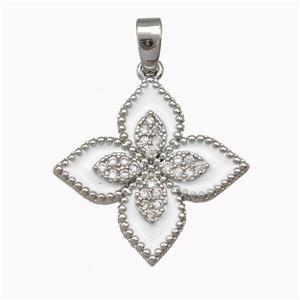 Copper Clover Pendant Micro Pave Zirconia White Enamel Platinum Plated, approx 20mm [FN43308]