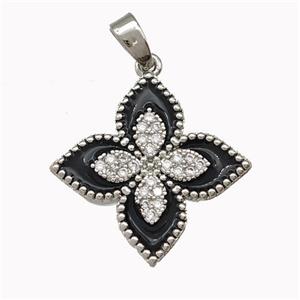 Copper Clover Pendant Micro Pave Zirconia Black Enamel Platinum Plated, approx 20mm [FN43309]