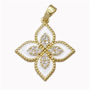 Copper Clover Pendant Micro Pave Zirconia White Enamel Gold Plated, approx 20mm [FN43310]