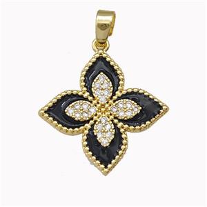 Copper Clover Pendant Micro Pave Zirconia Black Enamel Gold Plated, approx 20mm [FN43311]