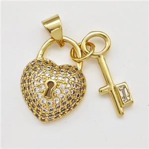 Copper Heart Lock Pendant Pave Zirconia Key Gold Plated, approx 5-17mm, 13-17mm [FN43370]
