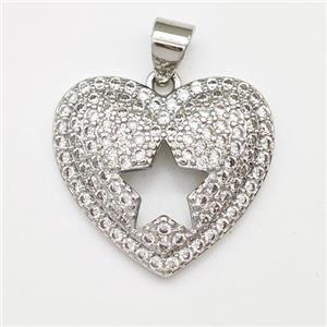 Copper Heart Pendant Micro Pave Zirconia Star Platinum Plated, approx 19mm [FN43373]