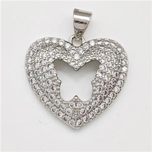 Copper Heart Pendant Micro Pave Zirconia Butterfly Platinum Plated, approx 19mm [FN43375]