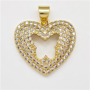 Copper Heart Pendant Micro Pave Zirconia Butterfly Gold Plated, approx 19mm [FN43376]