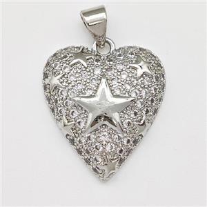 Copper Heart Pendant Micro Pave Zirconia Star Platinum Plated, approx 18-20mm [FN43385]