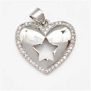 Copper Heart Pendant Micro Pave Zirconia Star Platinum Plated, approx 20mm [FN43423]