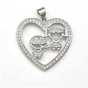 Copper Heart Pendant Micro Pave Zirconia Kids Platinum Plated, approx 25mm [FN43445]