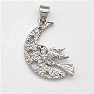 Copper Birds Pendant Micro Pave Zirconia Moon Platinum Plated, approx 15-20mm [FN43541]