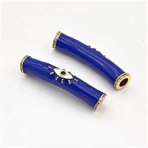 Copper Curved Tube Beads Micro Pave Zirconia Eye Blue Enamel Gold Plated, approx 8-36mm, 4mm hole [FN43549]