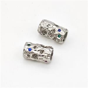Copper Tube Beads Micro Pave Zirconia Hollow Large Hole Platinum Plated, approx 6-11mm, 4mm hole [FN43550]