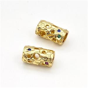 Copper Tube Beads Micro Pave Zirconia Hollow Large Hole Gold Plated, approx 6-11mm, 4mm hole [FN43551]