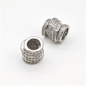 Copper Tube Beads Micro Pave Zirconia Large Hole Hollow Platinum Plated, approx 9mm, 5mm hole [FN43558]