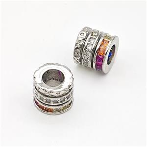 Copper Tube Beads Micro Pave Zirconia Large Hole Platinum Plated, approx 10mm, 6mm hole [FN43559]