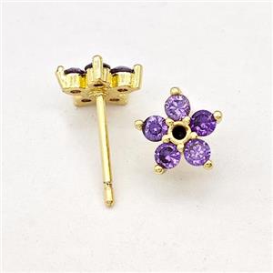 Copper Flower Stud Earring Micro Pave Zirconia Gold Plated, approx 10mm [FN43570]