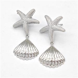 Copper Starfish Stud Earring With ScallopShell Platinum Plated, approx 17mm, 20mm [FN43586]