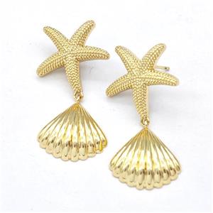 Copper Starfish Stud Earring With Sea Shell Gold Plated, approx 17mm, 20mm [FN43587]