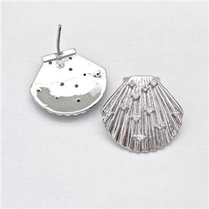 Copper ScallopShell Stud Earring Micro Pave Zirconia Platinum Plated, approx 21-22mm [FN43588]