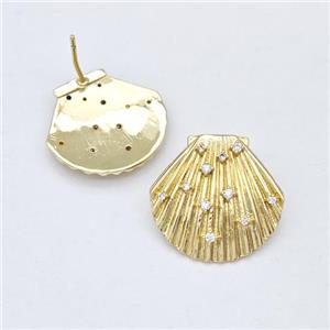 Copper ScallopShell Stud Earring Micro Pave Zirconia Gold Plated, approx 21-22mm [FN43589]
