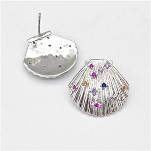 Copper ScallopShell Stud Earring Micro Pave Zirconia Platinum Plated, approx 21-22mm [FN43590]