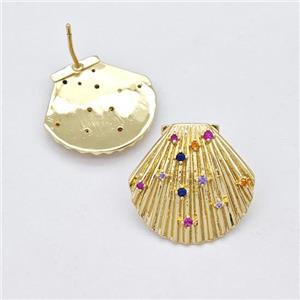 Copper ScallopShell Stud Earring Micro Pave Zirconia Gold Plated, approx 21-22mm [FN43591]