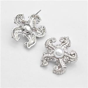 Copper Starfish Stud Earrings Pave Zirconia Pearlized Resin Platinum Plated, approx 28mm [FN43594]