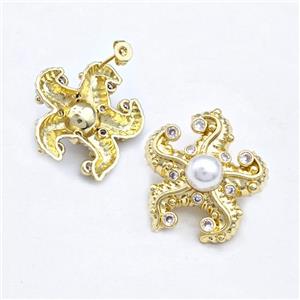 Copper Starfish Stud Earrings Pave Zirconia Pearlized Resin Gold Plated, approx 28mm [FN43595]