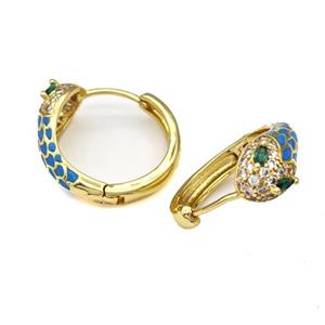 Copper Snake Hoop Earring Micro Pave Zirconia Blue Enamel Gold Plated, approx 7mm, 18mm dia [FN43638]