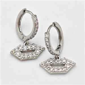 Copper Lip Hoop Earrings Pave Zirconia Platinum Plated, approx 7-16mm, 14mm dia [FN43647]
