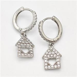 Copper House Hoop Earrings Pave Zirconia Platinum Plated, approx 10-13mm, 14mm dia [FN43649]